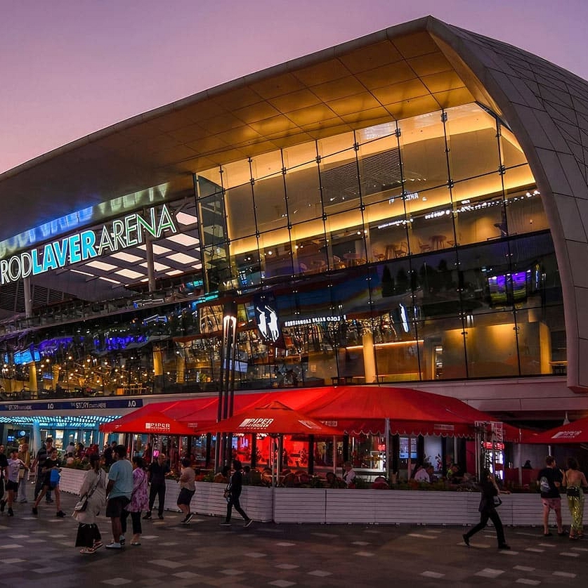Exterior of Rod Laver Arena at dusk