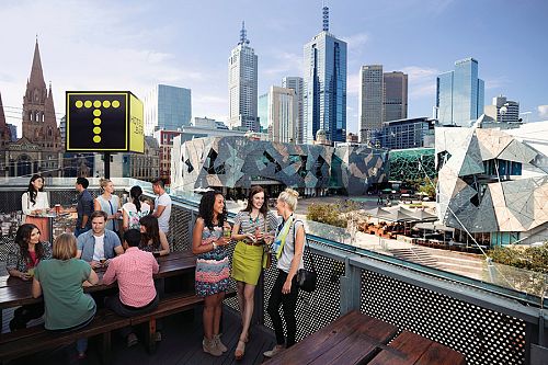 View of Federation Square from Transit Rooftop Bar in Melbourne