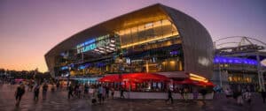 Exterior of Rod Laver Arena at dusk