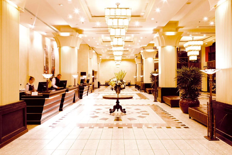 Reception area of the historic Grace Hotel Sydney, decorated in a lavish Art Deco style