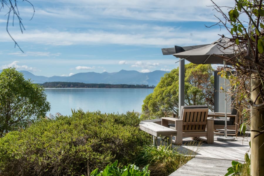 Ocean and mountain views from a villa at Te Koi - The Lodge at Bronte, New Zealand