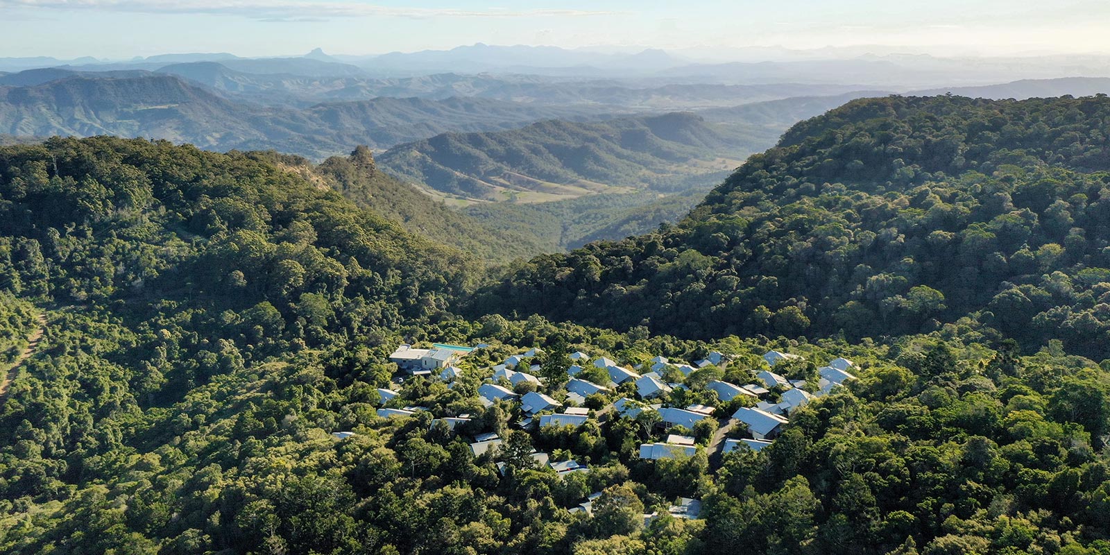 Aerial view of O'Reilly's Rainforest Retreat, nestled amongst the forested hills of Lamington National Park