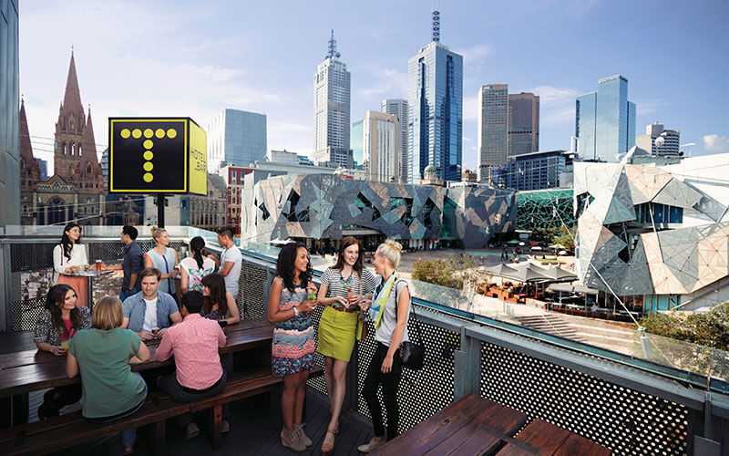 View of Federation Square from Transit Rooftop Bar in Melbourne