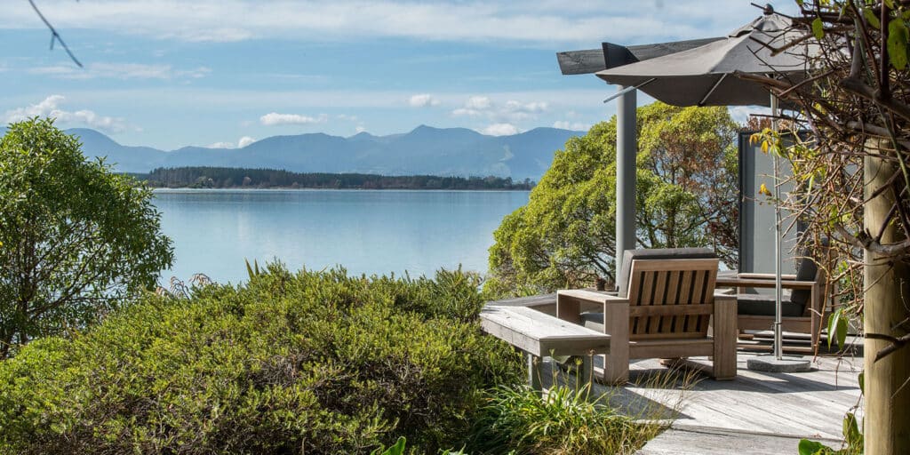 Ocean and mountain views from a villa at Te Koi - The Lodge at Bronte, New Zealand